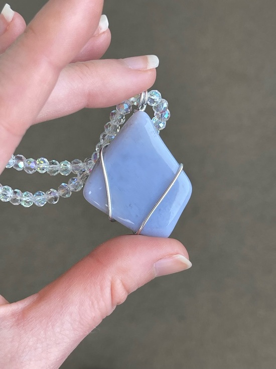 beads&bellbottoms Jewelry - Angelite Gemstone Wire Wrapped Beaded Necklace Blue Stone & White AB Glass Beads